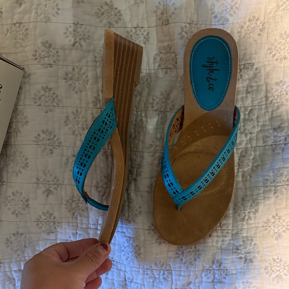 Style & Co. Turquoise Laser-Cut Wedge Thong Sandals
